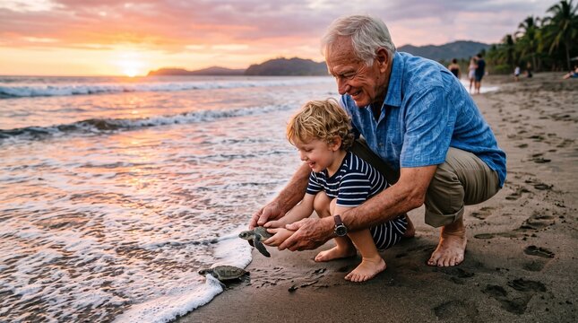 Grandfather and Grandson Releasing Baby Sea Turtle into the Ocean at Sunset, Wildlife Conservation and Environmental Protection