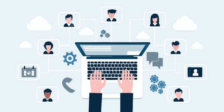 hands typing on laptop vector illustration with connected icons people avatars clouds calendar phone gears speech bubble network communication collaboration workplace technology digital