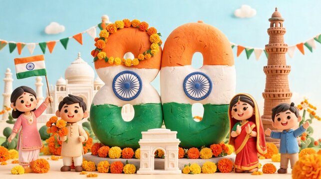 Cute 3D Clay India 80th Independence Day Celebration Illustration