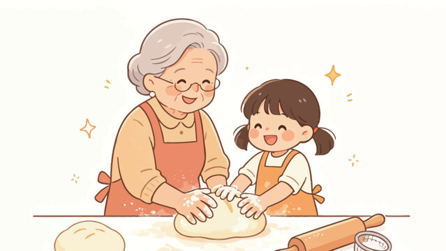 Heartwarming cartoon illustration of a grandmother and granddaughter kneading dough together in a warm