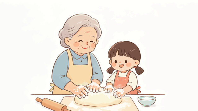 Heartwarming illustration of grandmother and granddaughter kneading dough together in a cozy kitchen setting.