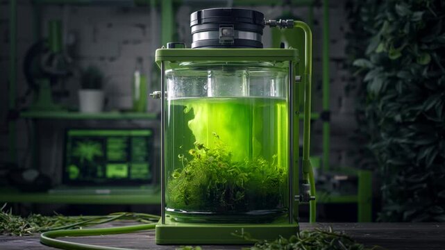 Green bioreactor with algae and plant culture inside glowing glass liquid laboratory environment showing science research