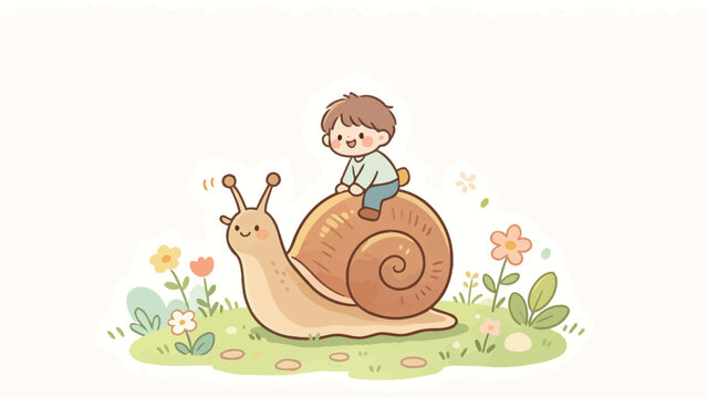 Cute cartoon boy riding a giant friendly snail through a grassy meadow with flowers, soft pastel colors and