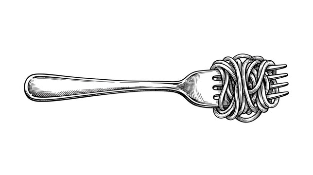 Hand drawn illustration of spaghetti pasta wrapped around a metal fork isolated on black background vector