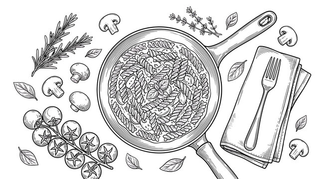Hand drawn pasta in frying pan with fresh vegetables and herbs on black background vector illustration