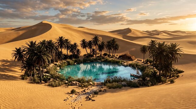 Stunning desert oasis with a clear blue water lake surrounded by lush green palm trees