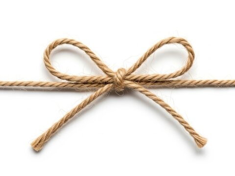 Simple brown rustic twine string tied in a decorative bow isolated on white background