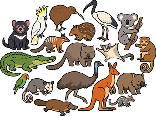 Obraz premium Australian Wildlife and Oceania Animals Collection Featuring Kangaroo Koala Wombat Tasmanian Devil Kiwi Bird Crocodile Platypus Emu and Sugar Glider Vector Illustration