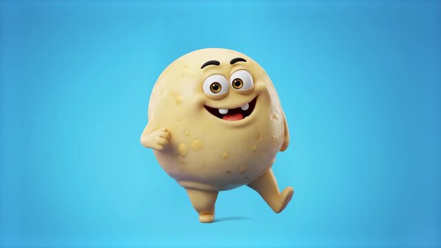 Cheerful 3D cartoon character mascot designed as a fat cell (adipocyte) with a happy smiling face and limbs, set against a smooth light blue background. Excellent for weight loss promos, health and nu