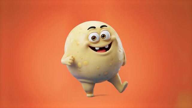 A cute 3D cartoon mascot of a smiling yellow fat cell adipocyte character performing a joyful dance, set against a warm studio orange background. Great for health education videos, biology animations,