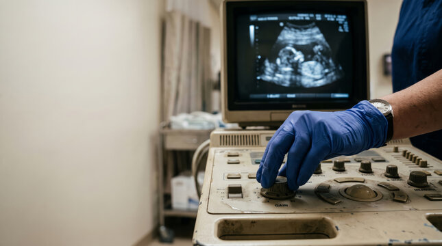 Doctor operating control panel of vintage ultrasound machine