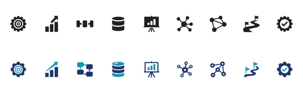 Professional collection of business management graphics showing growth charts database structures network connections and strategic milestone roadmaps.