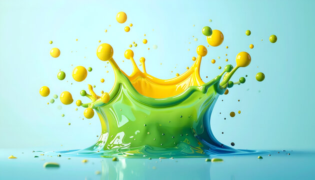 A vibrant, abstract digital art piece showcasing a colorful splash. Yellow and green liquids erupt, complemented by floating spheres