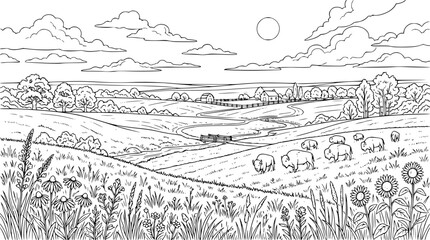 Obraz premium Prairie landscape with bison herd farm and wildflowers coloring book illustration