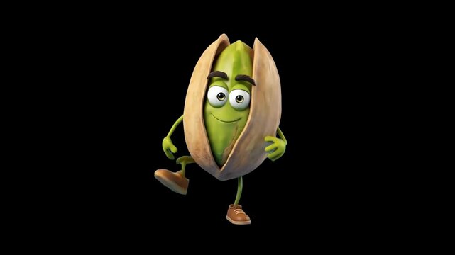 A cheerful 3D cartoon pistachio nut character in a open shell dancing on a dark backdrop. Perfect for snack advertisements, food branding, healthy eating marketing, and fun video overlays.