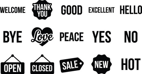 Obraz premium Business Sign Words and Promotional Label Icons Silhouette Vector Set