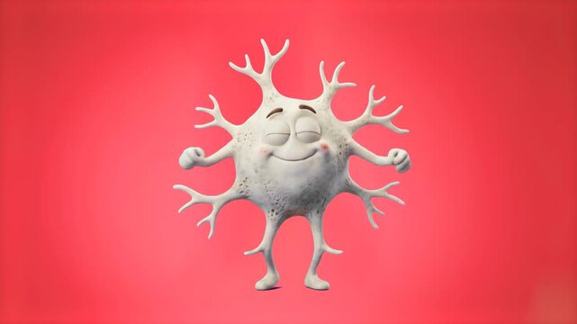 A friendly white 3D cartoon osteocyte bone cell character with a smiling face and branching processes, isolated on a red backdrop. Suitable for medical animations, educational anatomy videos, bone hea