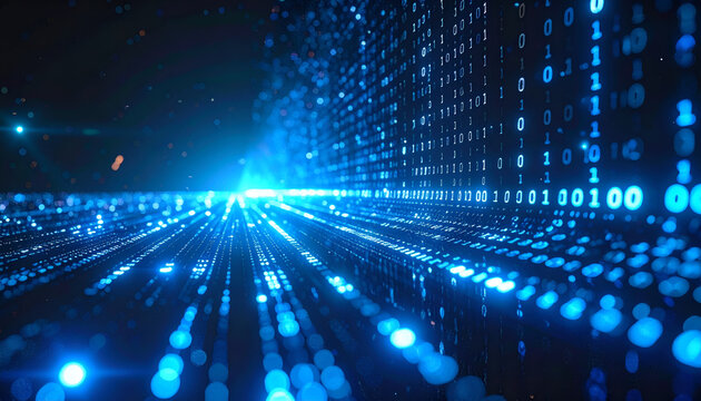 A futuristic visualization of data streams, represented by glowing binary code. The scene is bathed in cool blues, suggesting digital processing