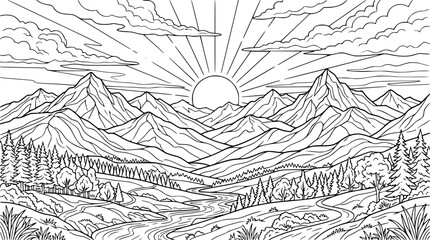 Fototapeta premium Mountain Landscape with Sun and River Line Art Coloring Page for Adults and Kids