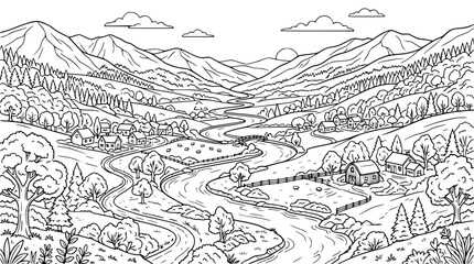 Fototapeta premium Mountain Valley Landscape with Winding River and Village Coloring Page