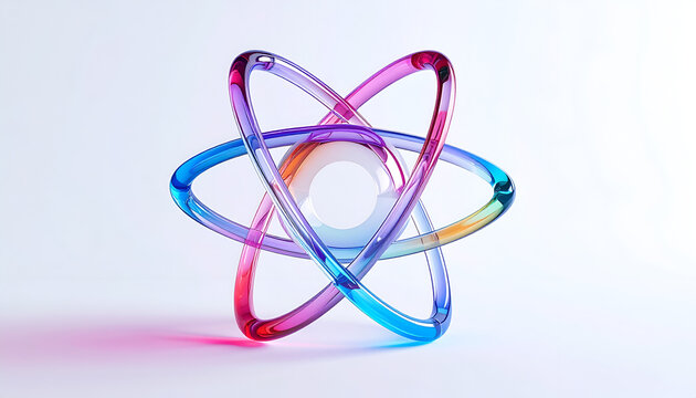 A vibrant, abstract 3D rendering of an atomic structure, showcasing translucent, looping rings around a central sphere, with colorful lighting