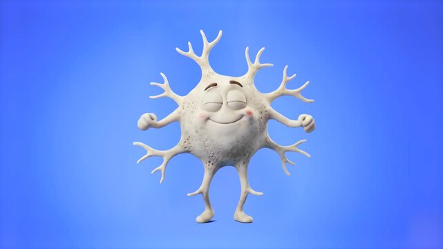 Cheerful 3D cartoon mascot of a bone cell (osteocyte) flexing its muscles, set against a solid bright blue background. Perfect for bone health animation, orthopedics education graphics, medical learni