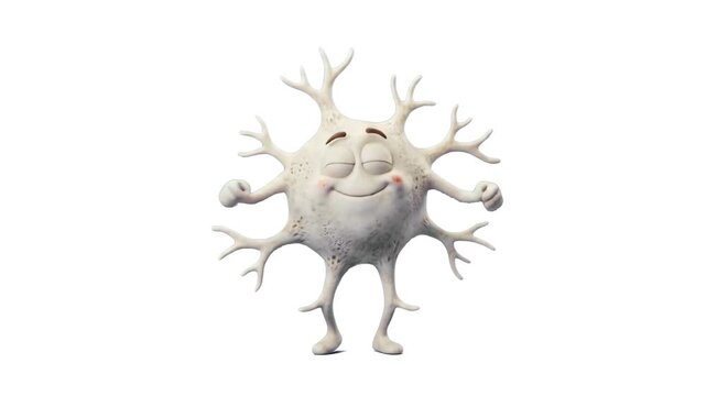 A happy 3D cartoon osteocyte bone cell character with branching processes isolated on a clean white background. Perfect for scientific illustration, medical packaging, educational videos, and healthca