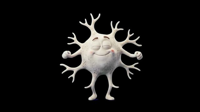 Cheerful 3D cartoon mascot of a bone cell (osteocyte) flexing its muscles, isolated against a solid pitch-black background. Perfect for bone health animation, orthopedics education graphics, medical l