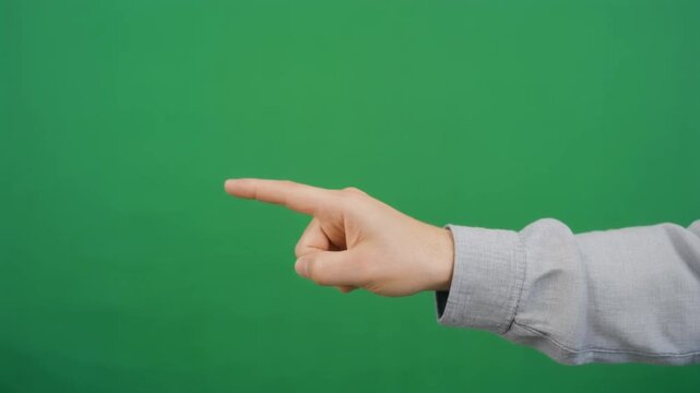 Clean casual hand pointing left against a solid green screen for website landing pages, social media marketing, and educational motion graphics overlays.