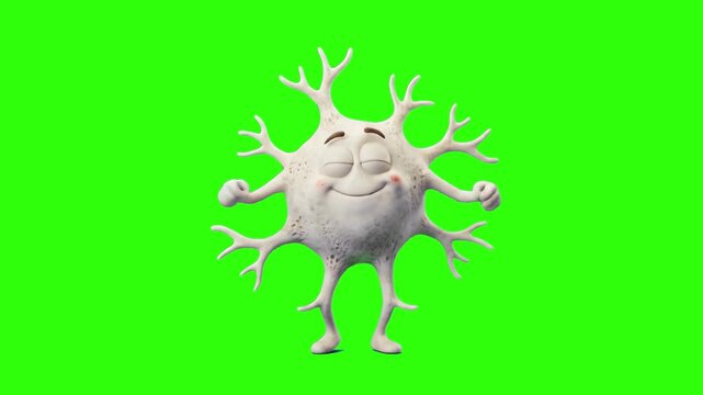A friendly white 3D cartoon osteocyte bone cell character with a smiling face and branching processes, isolated on a green screen backdrop. Suitable for medical animations, educational anatomy videos,