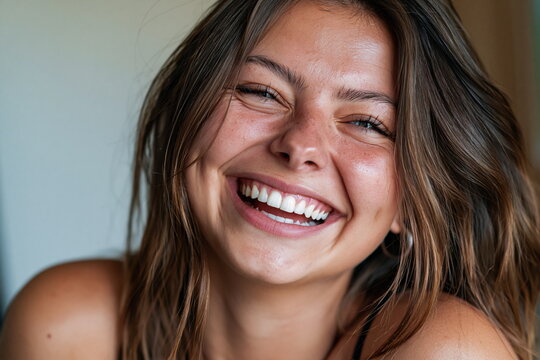 Cheerful Young Woman Engaged in Interactive Video Call, Illuminated by Warm Light and Radiating Confidence and Positivity