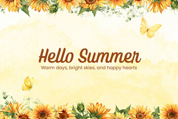 Hello summer greeting card with sunflowers and butterflies watercolor, sunflower © khurram