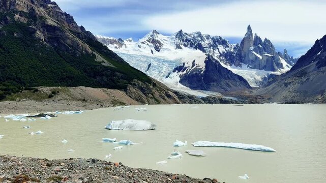 Panoramic view of Laguna Torre and Cerro Torre mountains in Argentinian Patagonia