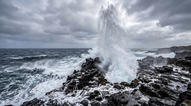 Powerful Ocean Wave Crashing Against Jagged Volcanic Rocks Under a Stormy Sky