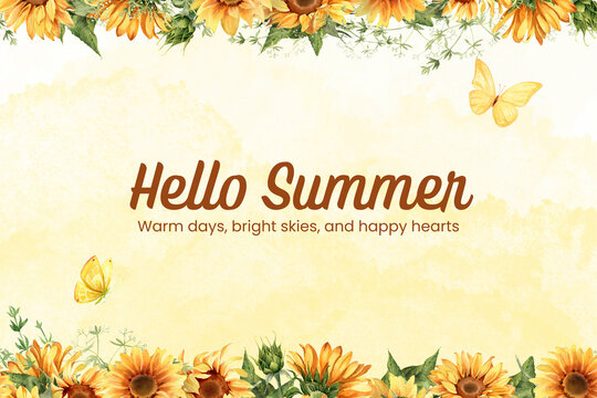 Hello summer greeting card with sunflowers and butterflies watercolor, sunflower