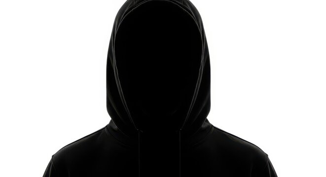 Anonymous Person in Black Hoodie Silhouette Isolated on White Background - Concept of Cybercrime and Privacy
