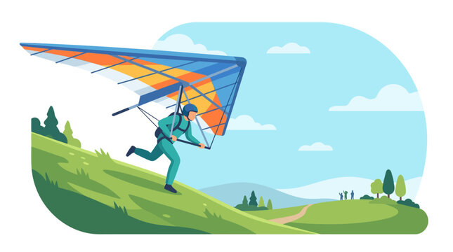 Hang glider launching from a grassy hillside.