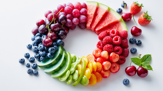 A vibrant, circular arrangement of fresh fruits including grapes, watermelon, cucumber, and berries on a white background.
