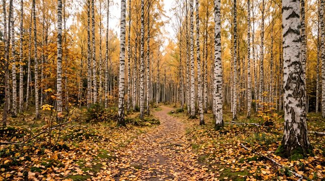 Serene Autumn Path Through a Golden Birch Forest With Yellow Leaves in Late Fall