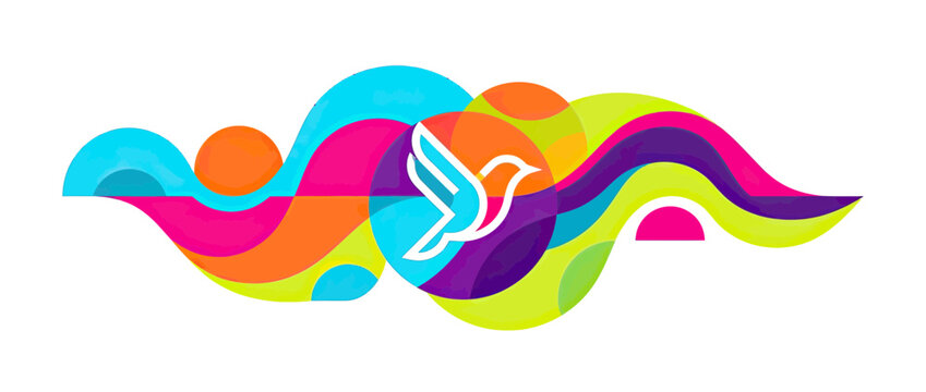 Abstract colorful flowing shapes with bird icon