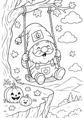 Coloring Page Book Relaxed Halloween Gnome Swinging Happily from a Woodland Tree Branch