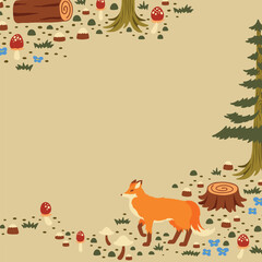Fototapeta premium Cute fox frame background, animal illustration vector