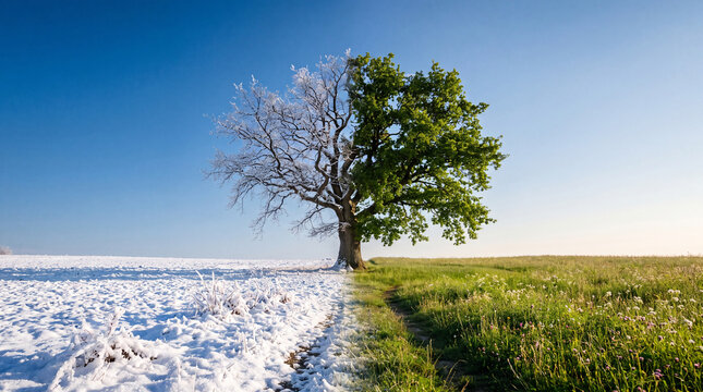 A conceptual image of a single tree representing the shift between seasons, with one side covered in winter snow and the other blooming in lush summer greenery.
