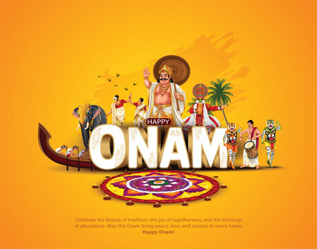 Celebrate the spirit of Onam with this vibrant and colorful abstract vector illustration showcasing the rich cultural heritage of Kerala. The artwork features the majestic Mahabali (Maveli) 