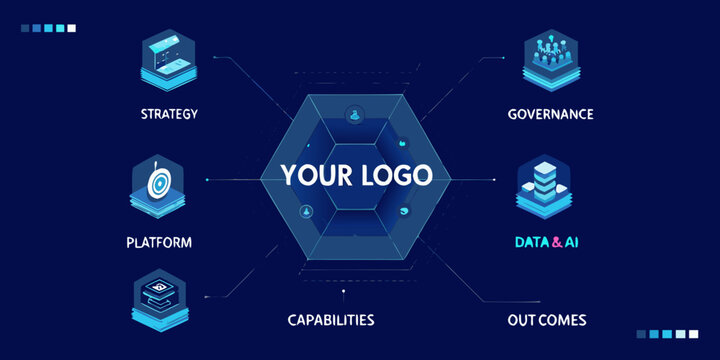 hexagonal diagram with blue isometric icons on dark background strategy governance platform data capabilities outcomes logo infographic business technology network connection analysis planning