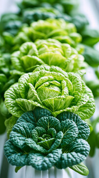 Fresh green cabbages growing in a vertical row, displaying vibrant and healthy leaves with a natural gradient from dark to light green.