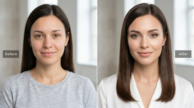 Woman's Transformation Before and After Makeup Application - Glowing Beauty