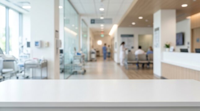 Empty white table top with blurred hospital background