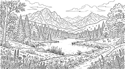 Fototapeta premium Serene Mountain Landscape with Lake and Forest Coloring Page Illustration