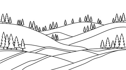 Fototapeta premium Simple line art landscape with rolling hills and pine trees for coloring